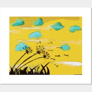 Watercolor of dandelion seeds blowing in the wind Posters and Art
